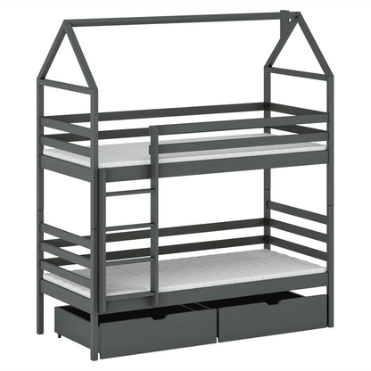 Gray bunk bed with a house-shaped top bed on a white background