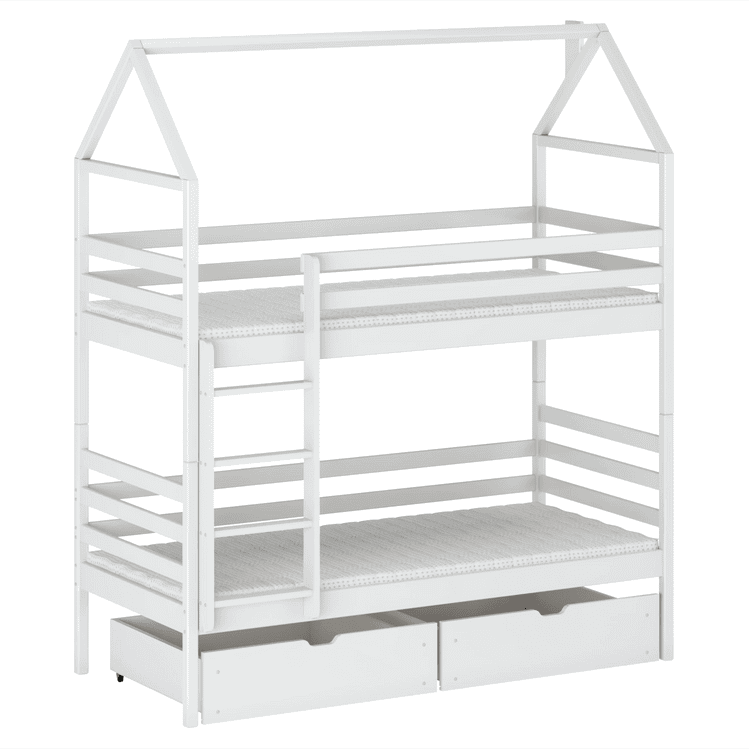 White children's bunk bed with a house-shaped top on a white background