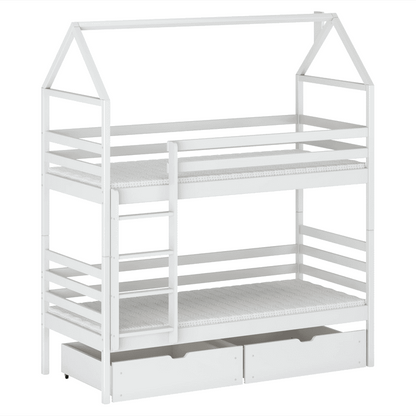 White children's bunk bed with a house-shaped top on a white background