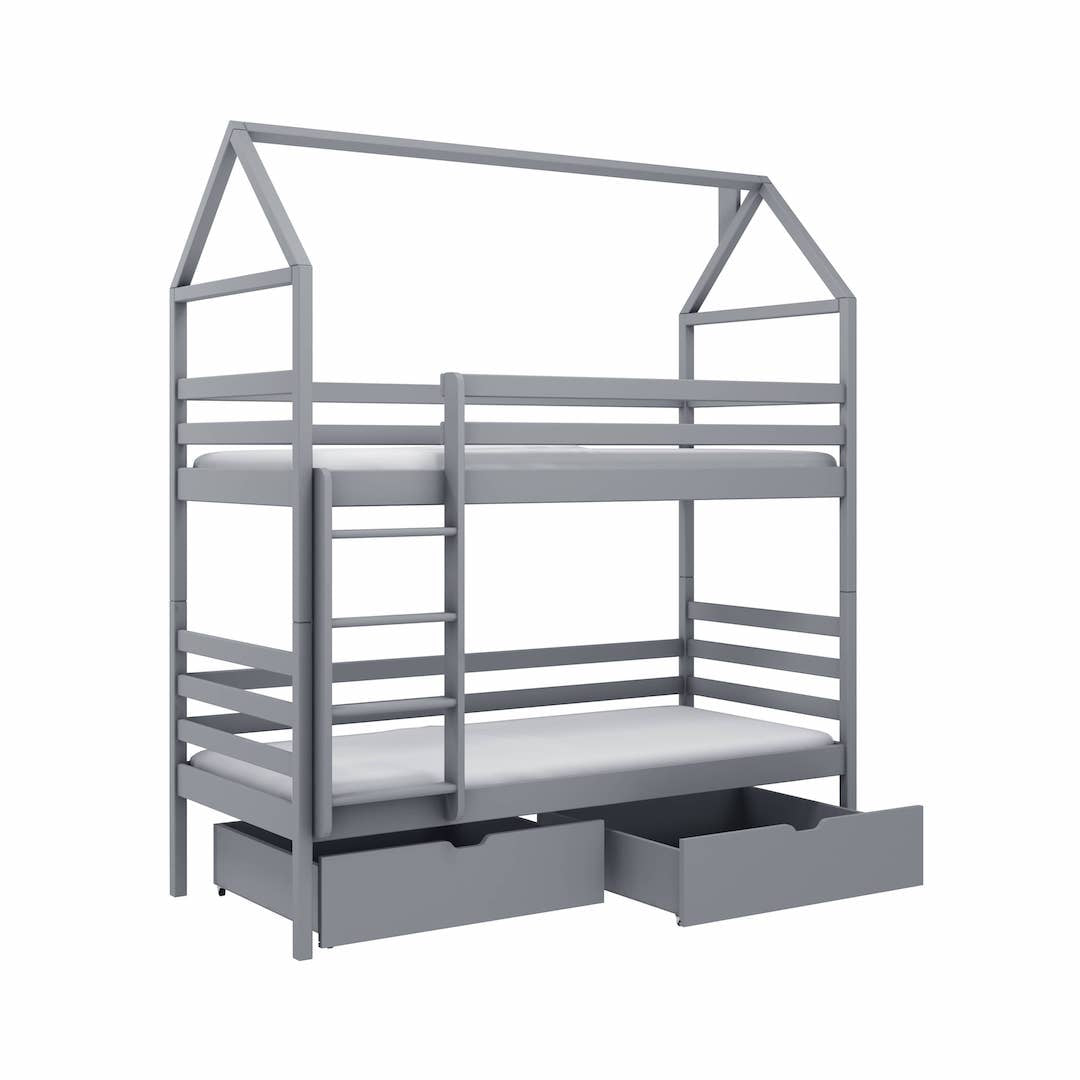 Gray children's bunk bed with a house-shaped top and drawers on a white background