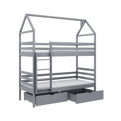 Gray children's bunk bed with a house-shaped top and drawers on a white background