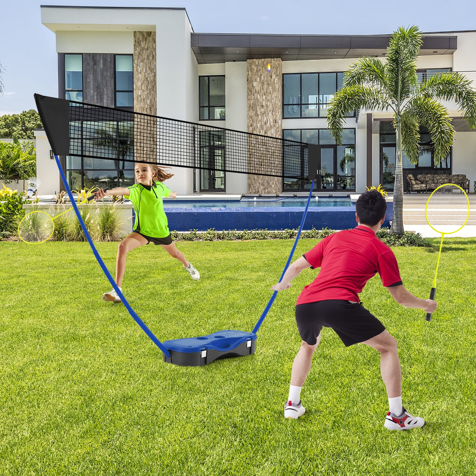 All-In-One Portable Badminton Net Set with Storage Base-Blue