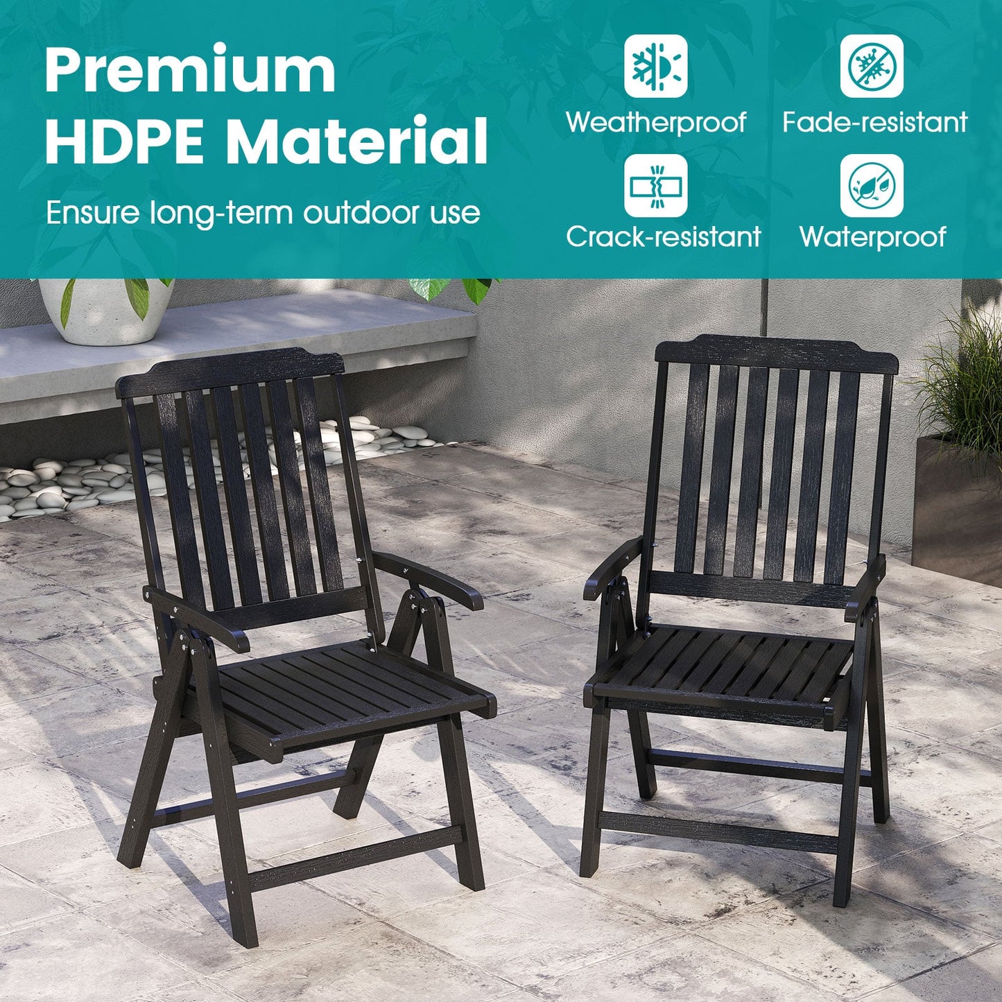 Foldable Patio Chair All-Weather HDPE Outdoor Dining Chair with Armrest-Grey