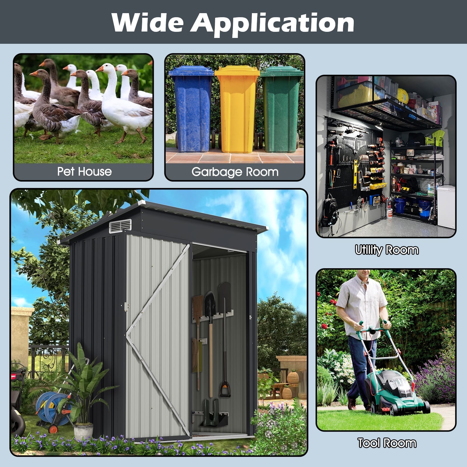 All-Weather Storage Shed with Top Sloping Design-Dark Grey