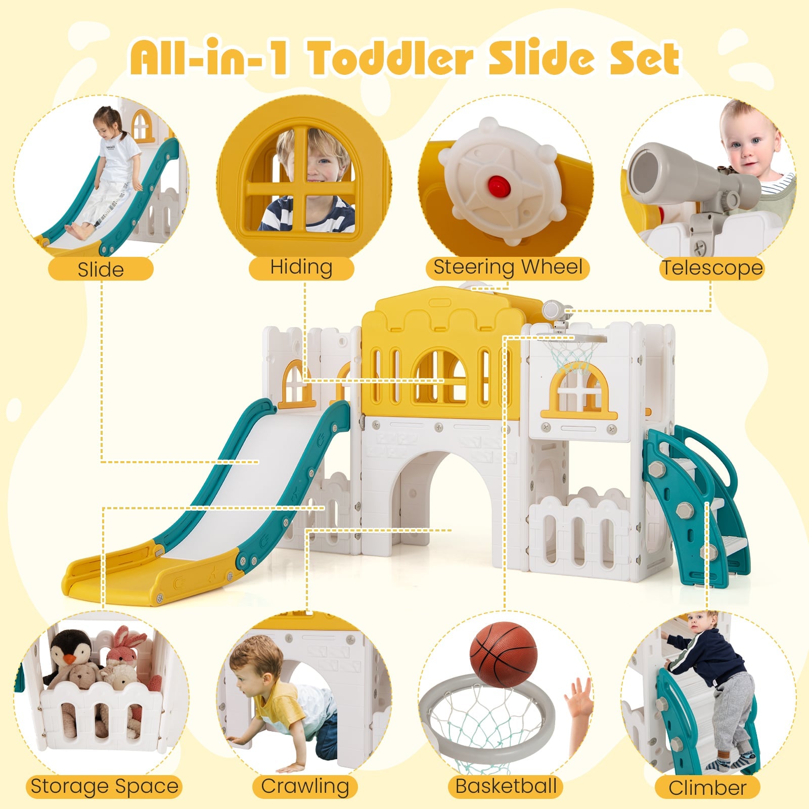 All in 1 Toddler Slide Playset Freestanding Kids Slide with Tunnel-Yellow