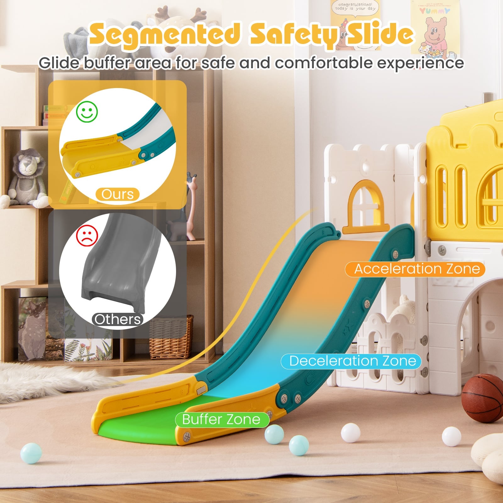 All in 1 Toddler Slide Playset Freestanding Kids Slide with Tunnel-Yellow