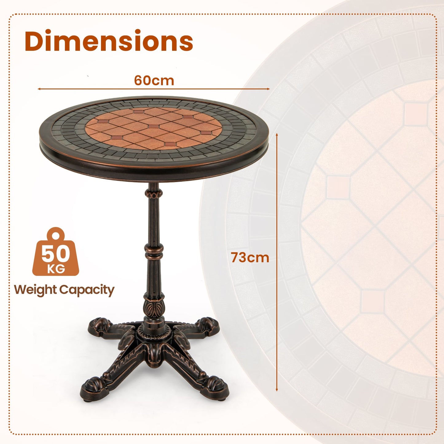 Round Patio Cast Aluminum Dining Table with Carved Texture-Bronze