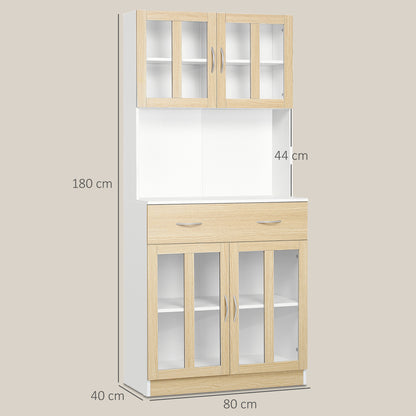HOMCOM Modern Kitchen Cupboard, Freestanding Storage Cabinet Hutch with Central Drawer, 2 Glass Door Cabinets, White