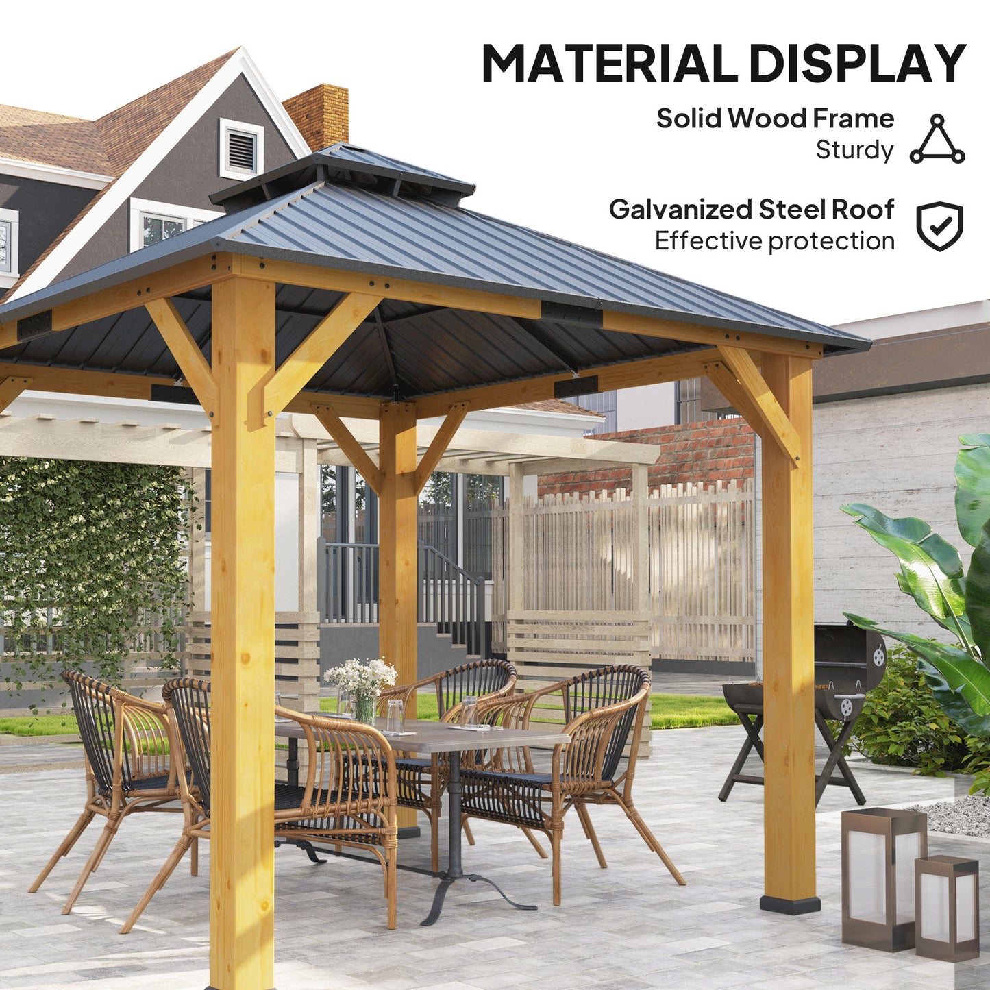Outsunny 3x(3)M Outdoor Hardtop Gazebo Canopy with 2-Tier Roof and Solid Wood Frame, Outdoor Patio Shelter for Patio, Garden, Grey