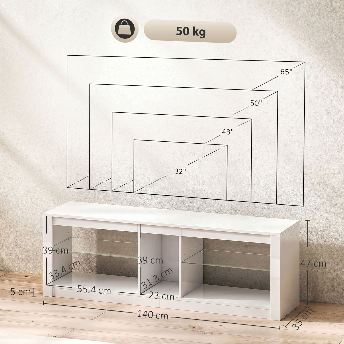 HOMCOM TV Stand Cabinet with LED Lights and Remote Control for TVs up to 65", Entertainment Centre with Storage Shelves, White