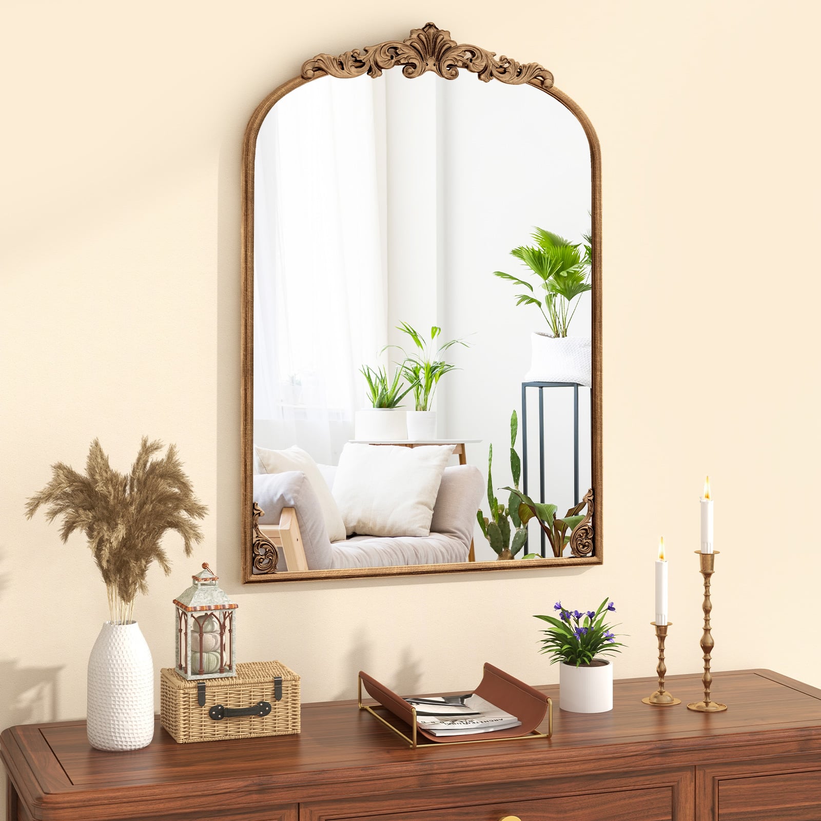 Antiqued Gold Wall Mirror with Baroque Ornate Frame L Size Gold