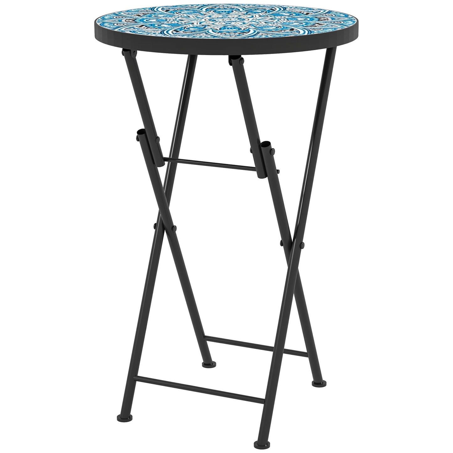 Outsunny Mosaic Outdoor Garden Table, 35.5cm Round Folding Coffee Table with Metal Frame for Balcony Terrace, Blue