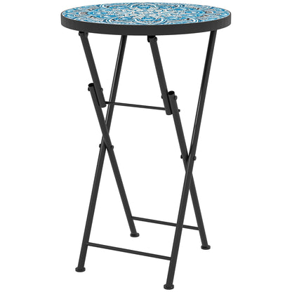 Outsunny Mosaic Outdoor Garden Table, 35.5cm Round Folding Coffee Table with Metal Frame for Balcony Terrace, Blue