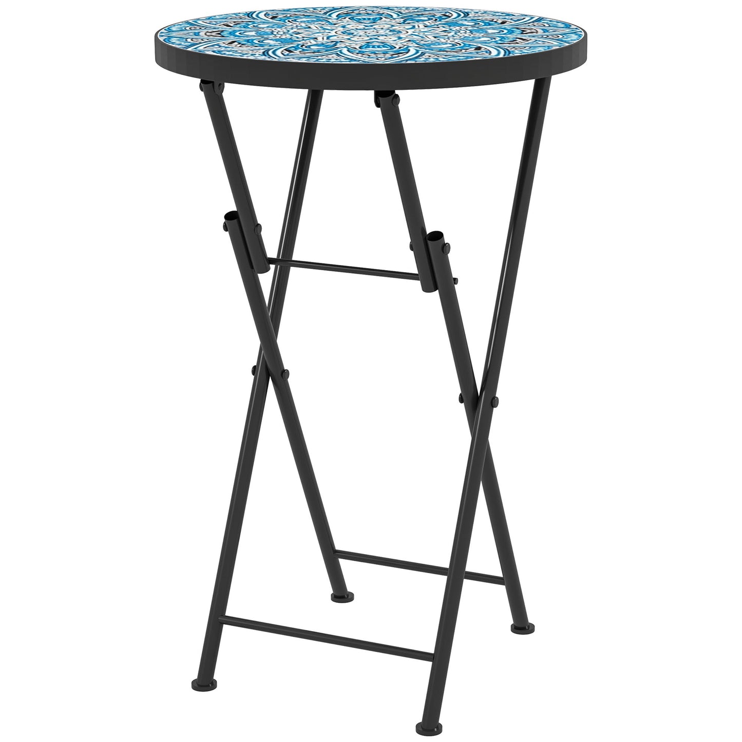 Outsunny Mosaic Outdoor Garden Table, 35.5cm Round Folding Coffee Table with Metal Frame for Balcony Terrace, Blue