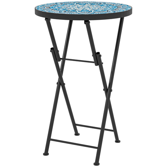 Outsunny Mosaic Outdoor Garden Table, 35.5cm Round Folding Coffee Table with Metal Frame for Balcony Terrace, Blue