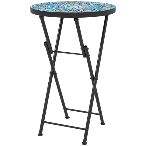 Outsunny Mosaic Outdoor Garden Table, 35.5cm Round Folding Coffee Table with Metal Frame for Balcony Terrace, Blue