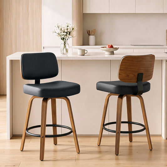 HOMCOM Bar Stools 360° Swivel Breakfast Bar Stools Padded PU Seat Footrest Set of 2 Black
