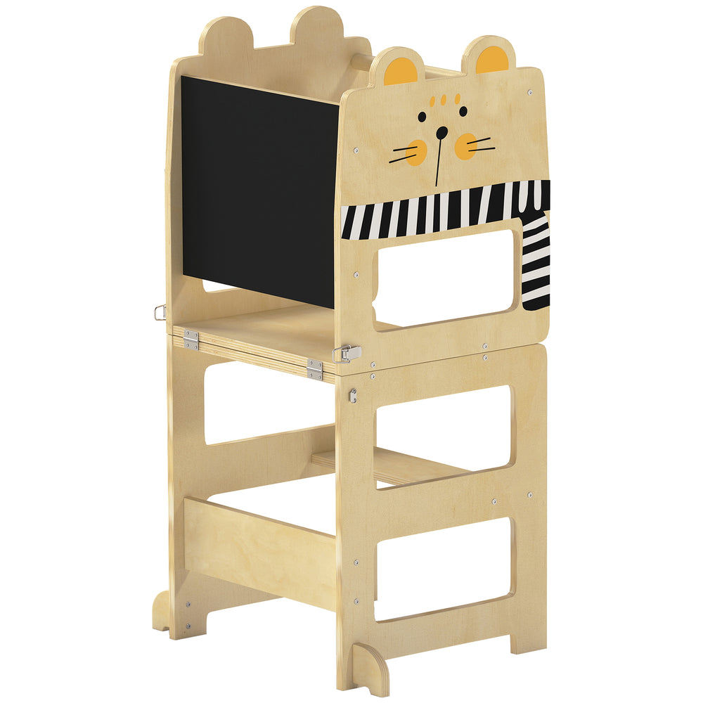 AIYAPLAY Toddler Step Stool, Standing Tower with Chalkboard, 3-in-1 Cat-Shaped Step Stool for Kitchen Counter, Natural