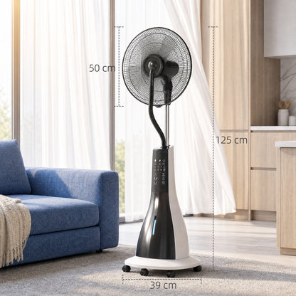 HOMCOM Pedestal Fan with Water Mist Spray, Spray Misting Fan with 75° Oscillation, Remote Control, Tilt Head, 3 Speeds, 3 Modes, 3 Mist, 3L Water Tank, Wheels, for Home, 125 cm