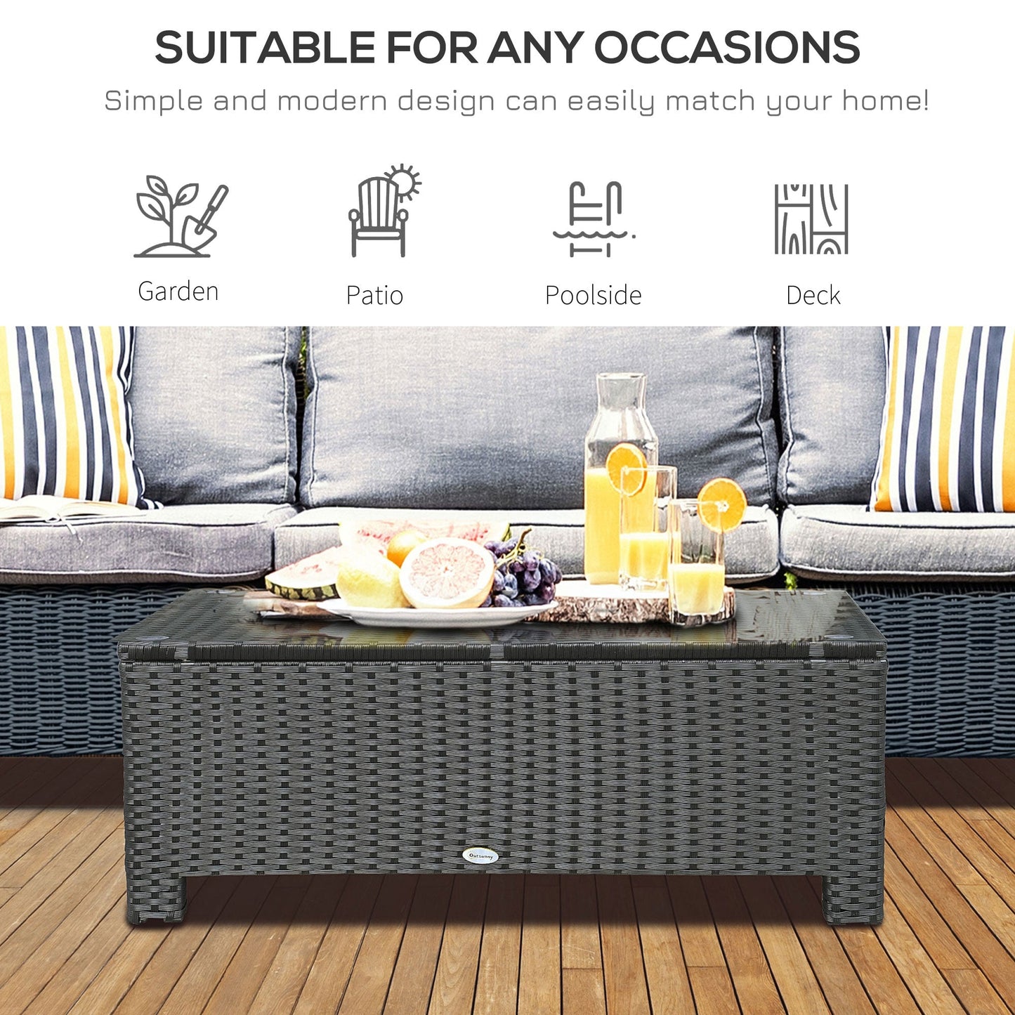 Outsunny PE Rattan Coffee Table, Rectangular Outdoor Coffee Table with Tempered Glass Top, 70 KG Capacity for Garden, Balcony, Terrace, Patio, Black