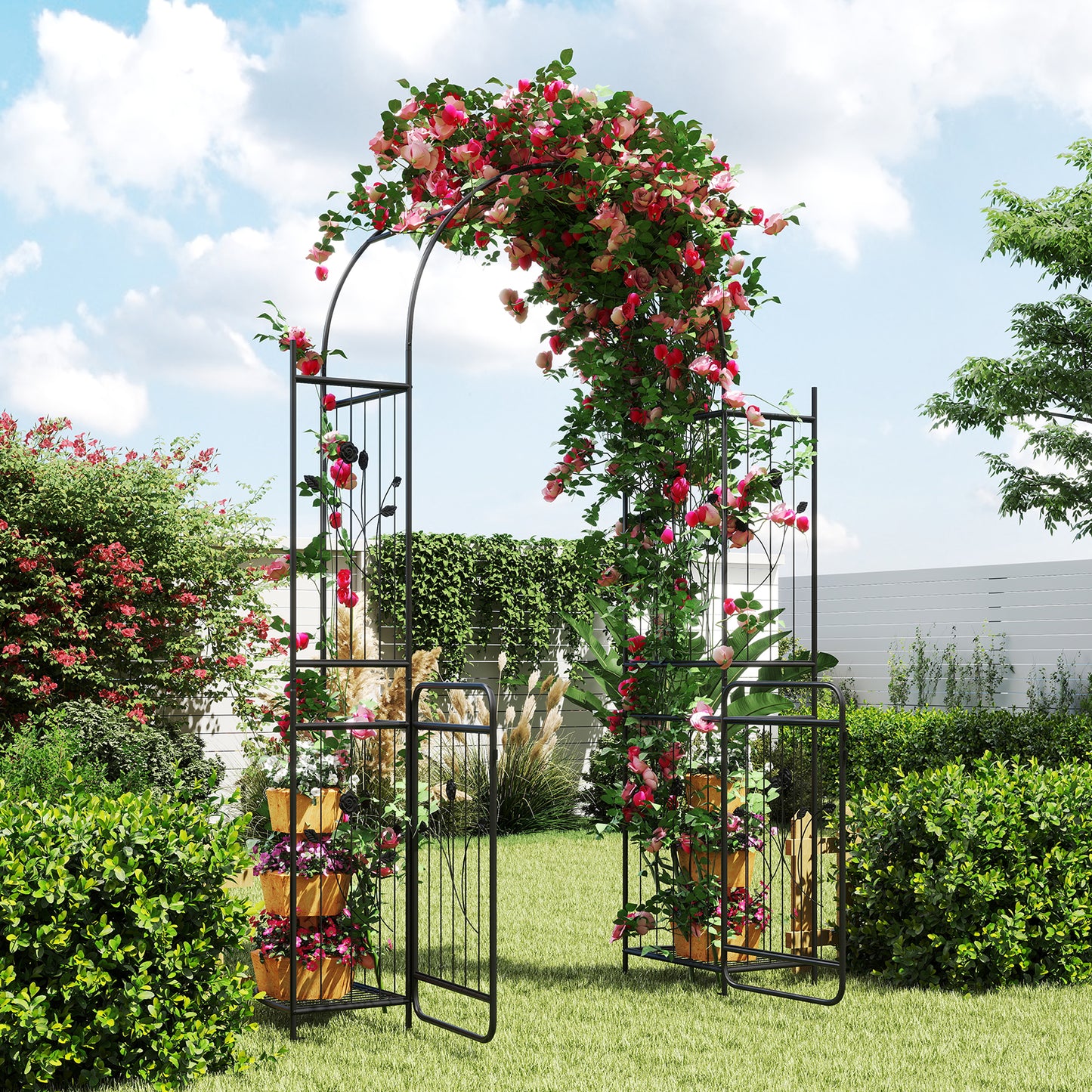 220 cm Tall Garden Arch with Lockable Gate and Heavy-duty Metal Arbor