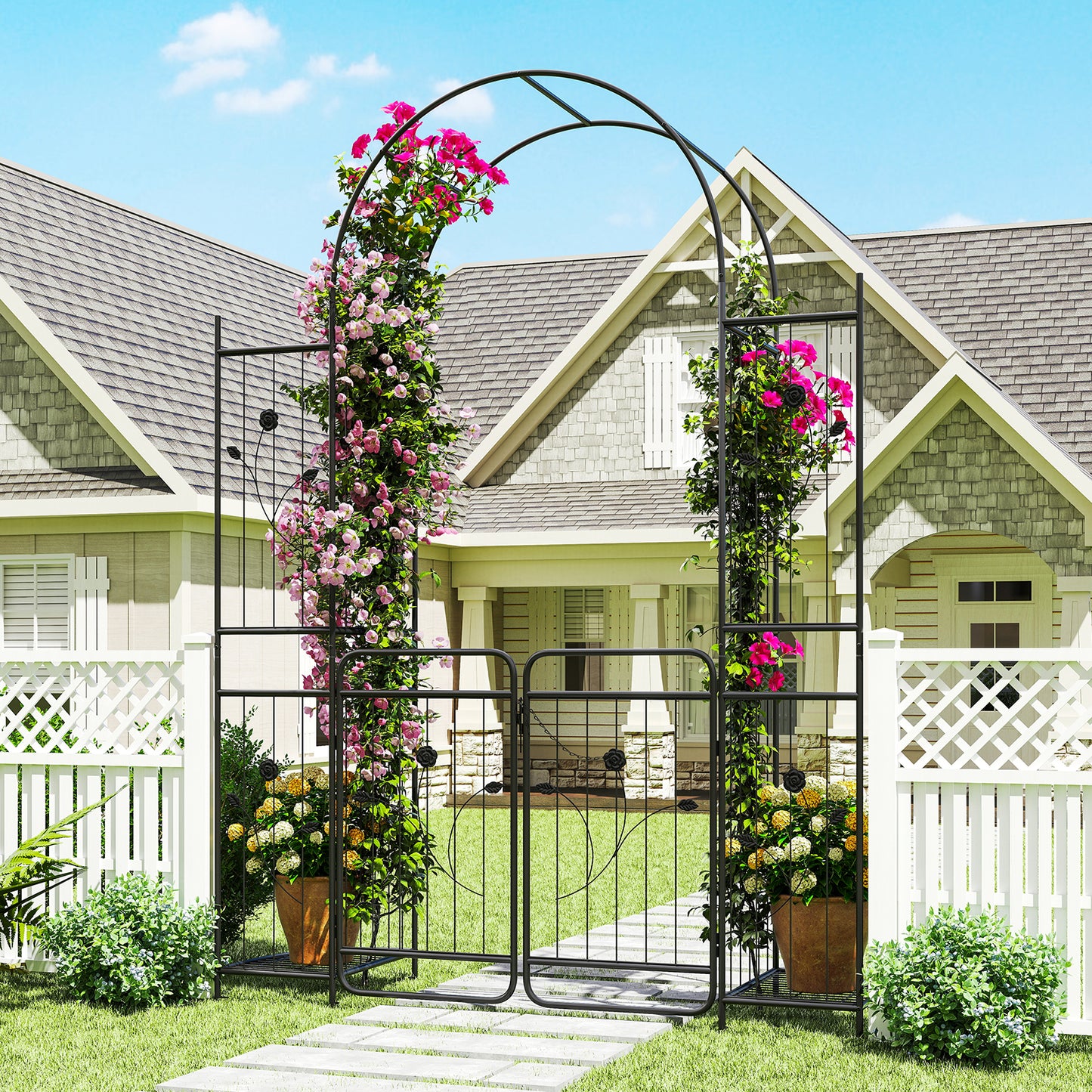220 cm Tall Garden Arch with Lockable Gate and Heavy-duty Metal Arbor