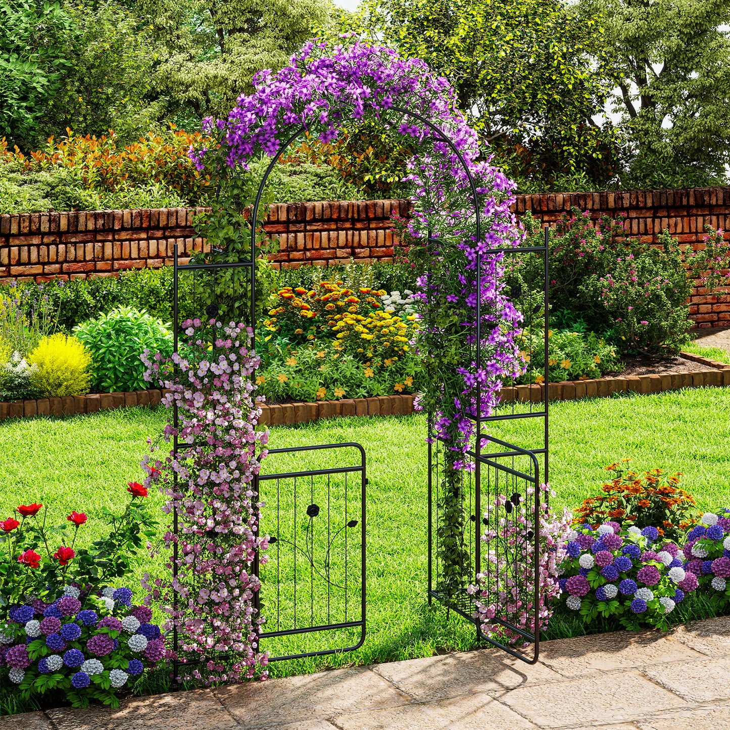 220 cm Tall Garden Arch with Lockable Gate and Heavy-duty Metal Arbor