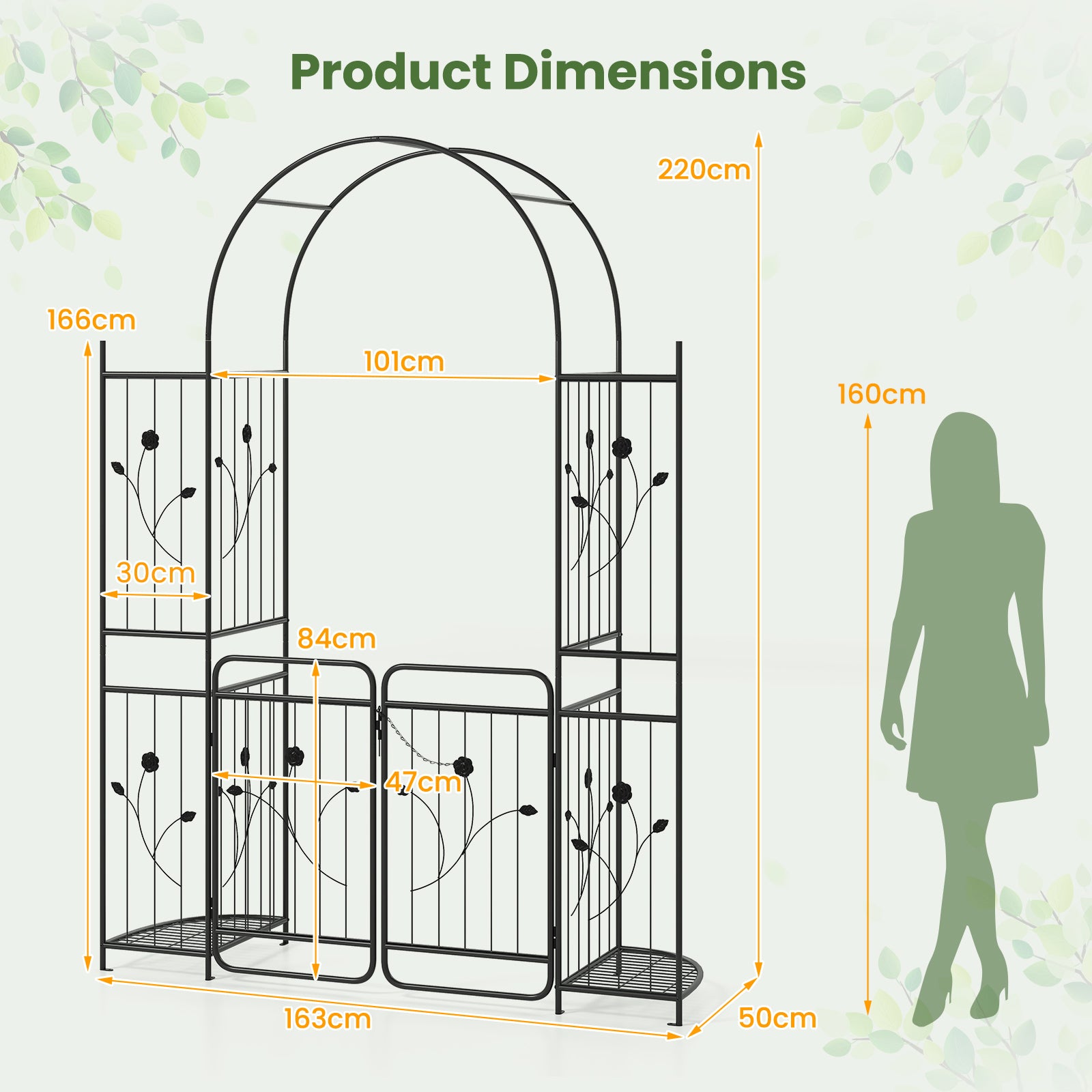 220 cm Tall Garden Arch with Lockable Gate and Heavy-duty Metal Arbor