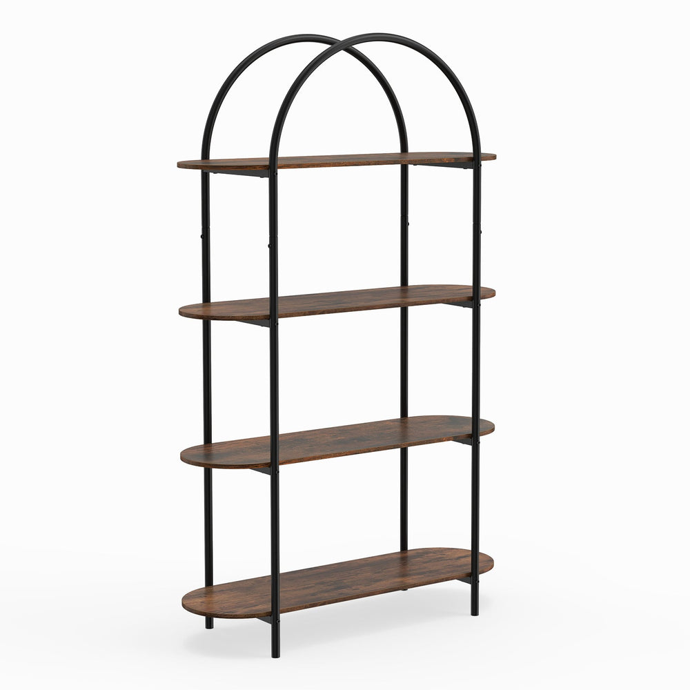 Arched Bookshelf 4-Tier Industrial Open Bookcase with Sturdy Metal Frame-Brown