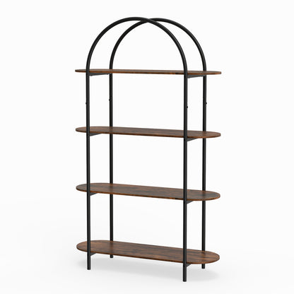 Arched Bookshelf 4-Tier Industrial Open Bookcase with Sturdy Metal Frame-Brown