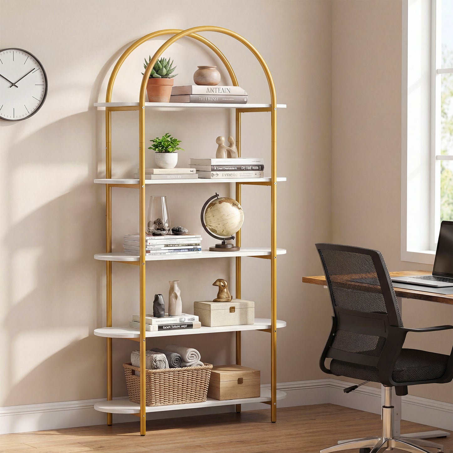 Arched Bookshelf 4-Tier Industrial Open Bookcase with Sturdy Metal Frame-White and Golden