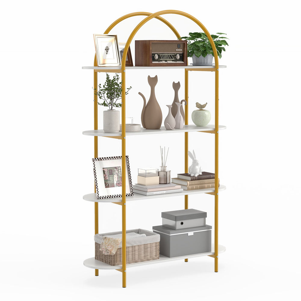 Arched Bookshelf 4-Tier Industrial Open Bookcase with Sturdy Metal Frame-White and Golden