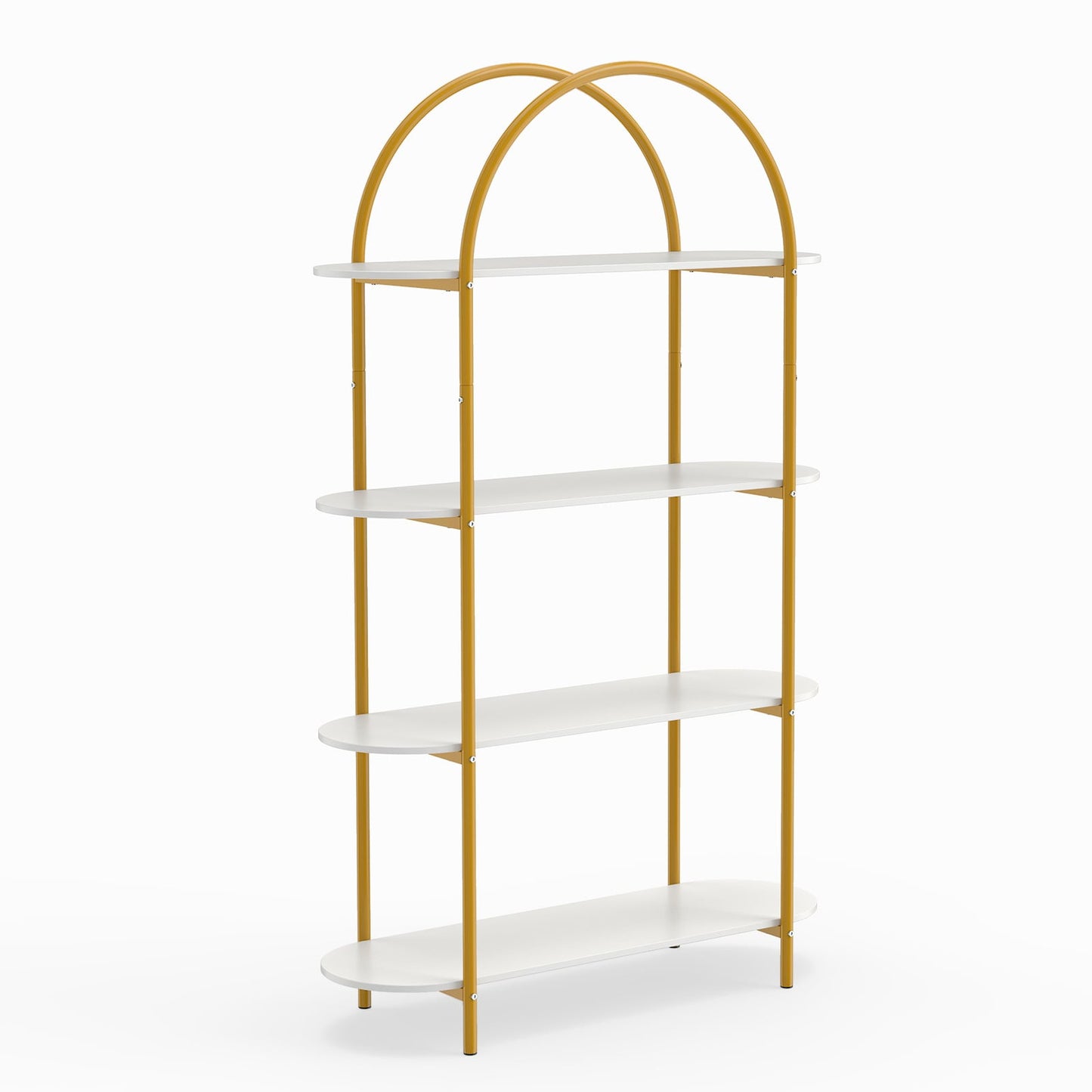 Arched Bookshelf 4-Tier Industrial Open Bookcase with Sturdy Metal Frame-White and Golden