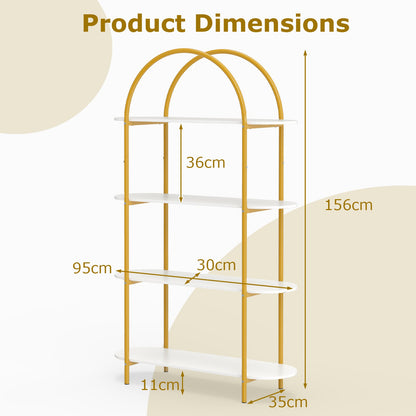 Arched Bookshelf 4-Tier Industrial Open Bookcase with Sturdy Metal Frame-White and Golden