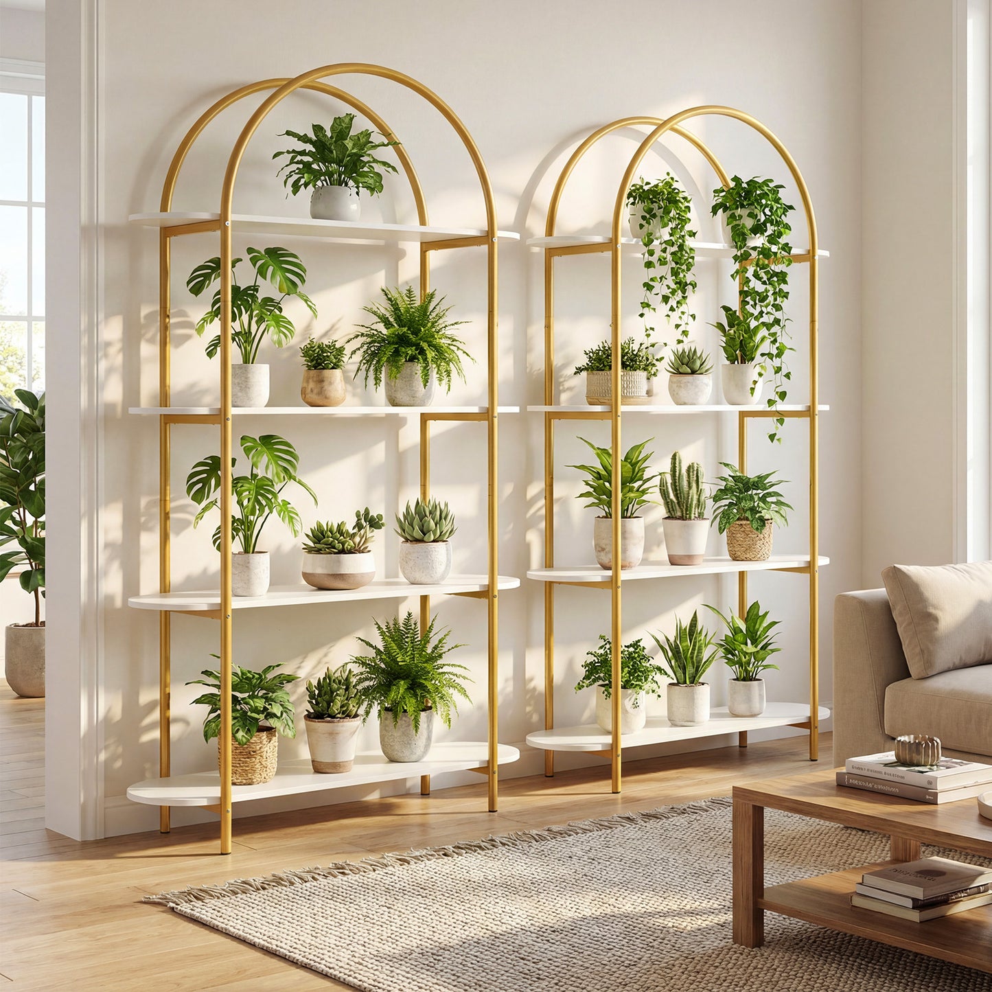 Arched Bookshelf 4-Tier Industrial Open Bookcase with Sturdy Metal Frame-White and Golden