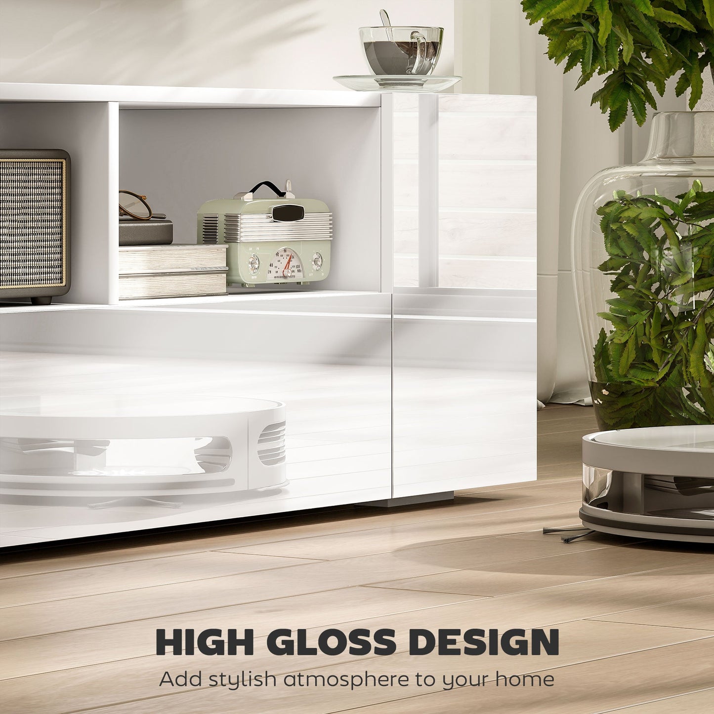 HOMCOM 16 LED Light TV Stand, with Storage - High Gloss White