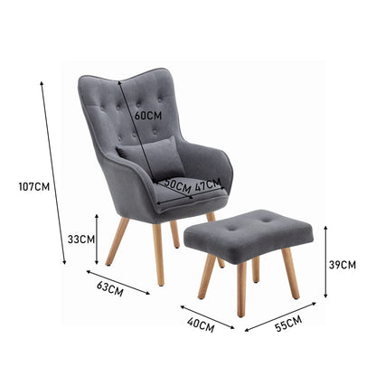 107cm Minimalist Velvet Wingback Lounge Armchair with Footstool