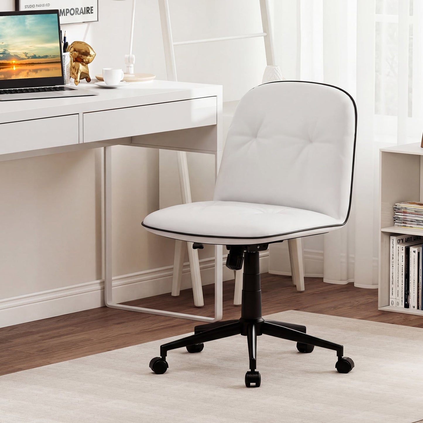 Armless Home Office Desk Chair with Adjustable Height and Smooth Rolling Wheels-White