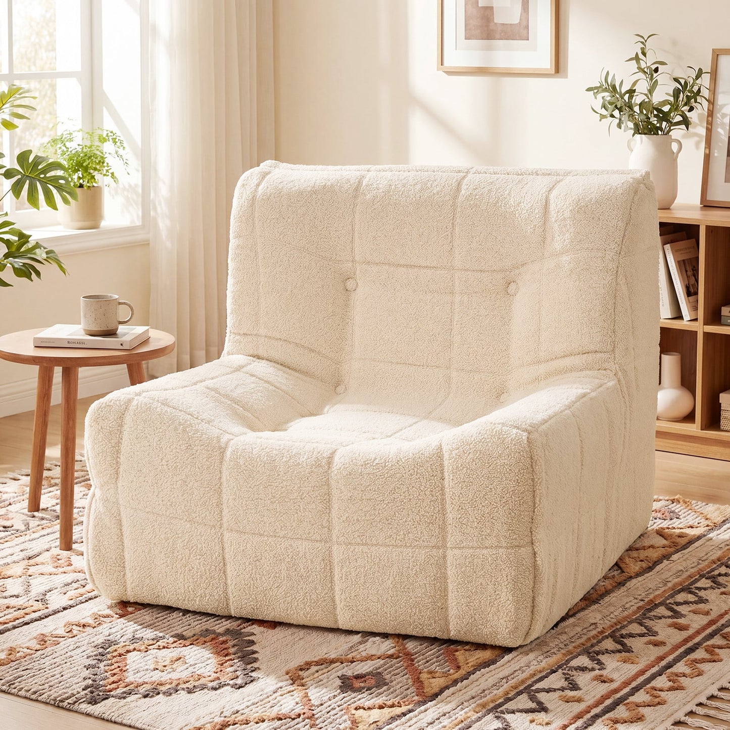 Armless Upholstered Lazy Floor Sofa with Soft Teddy Fleece Cover-Beige