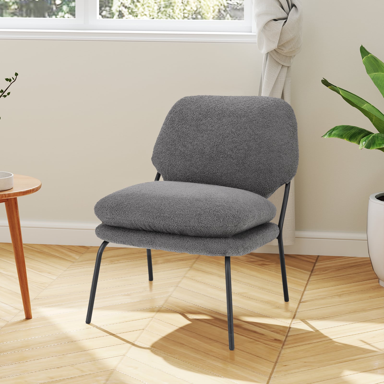 Armless Accent Chair Teddy Fleece Fabric Upholstered Leisure Chair-Grey