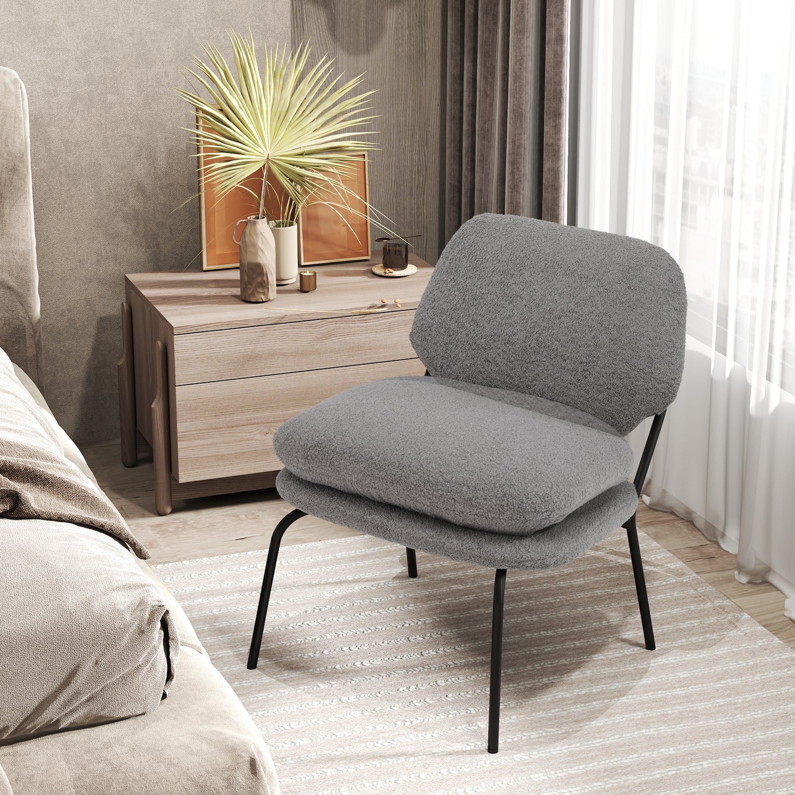 Armless Accent Chair Teddy Fleece Fabric Upholstered Leisure Chair-Grey