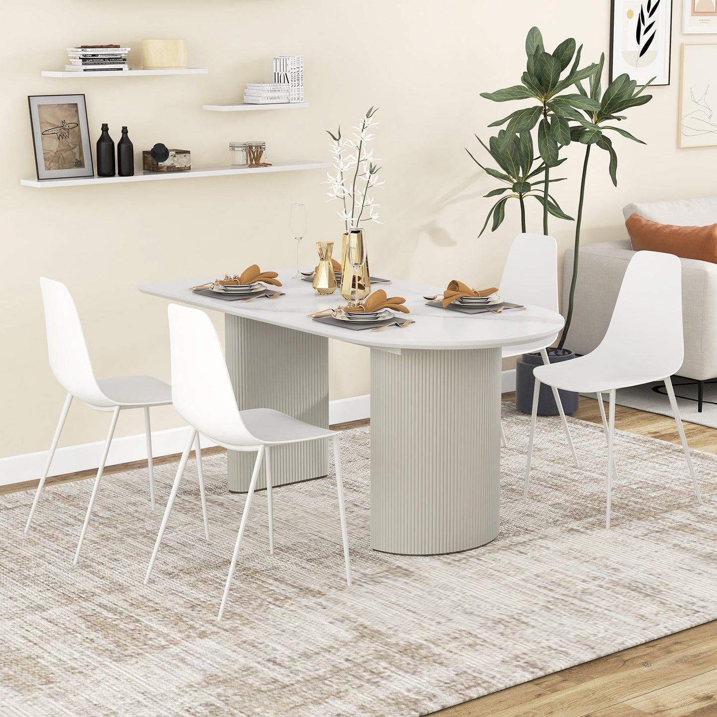 Armless Dining Chair Set of 4 Metal Leg Leisure Chair-White