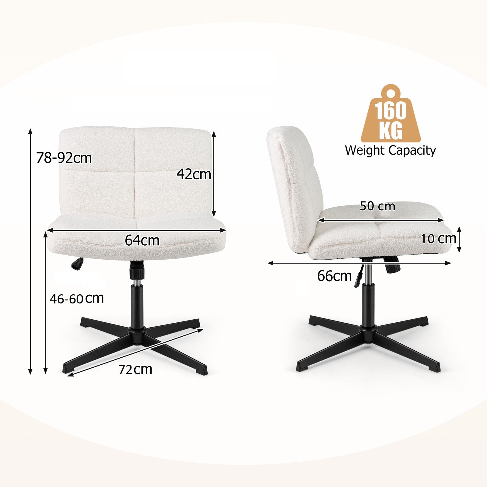 Armless Office Desk with Adjustable Height for Home Office-White