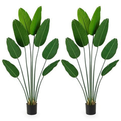 Artificial Banana Leaf Tree with 8 Fabric Banana Leaves and Stable Cement-filled Pot Set of 2