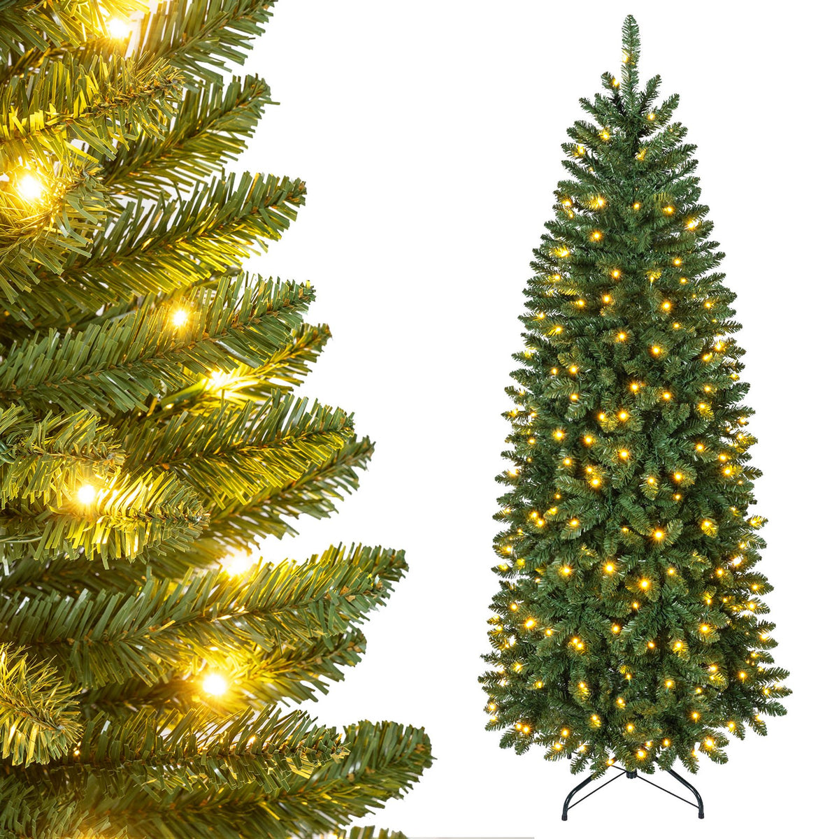 Artificial Pine Xmas Tree with Full Branch Tips LED Lights with 2 Colors Folding Metal Stand-1.8M