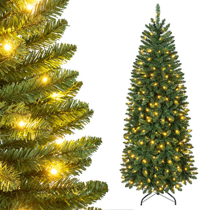 Artificial Pine Xmas Tree with Full Branch Tips LED Lights with 2 Colors Folding Metal Stand-1.8M