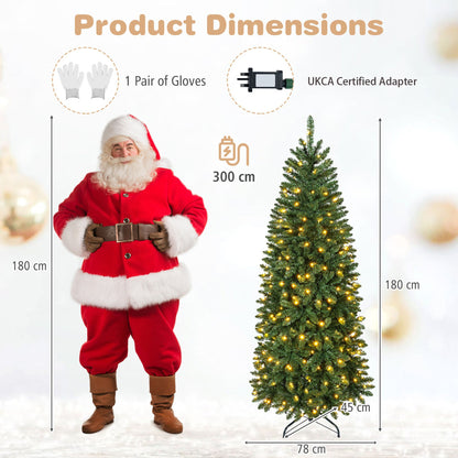 Artificial Pine Xmas Tree with Full Branch Tips LED Lights with 2 Colors Folding Metal Stand-1.8M