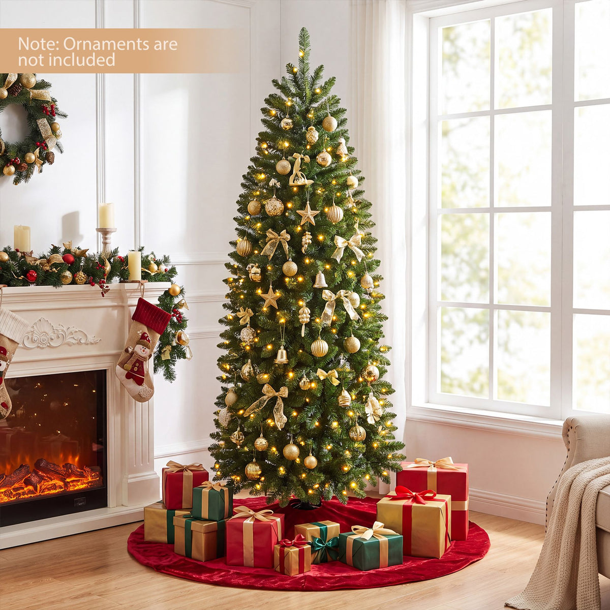 Artificial Pine Xmas Tree with Full Branch Tips LED Lights with 2 Colors Folding Metal Stand-1.8M