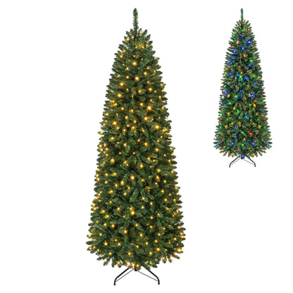 Artificial Pine Xmas Tree with Full Branch Tips LED Lights with 2 Colors Folding Metal Stand-2.1M