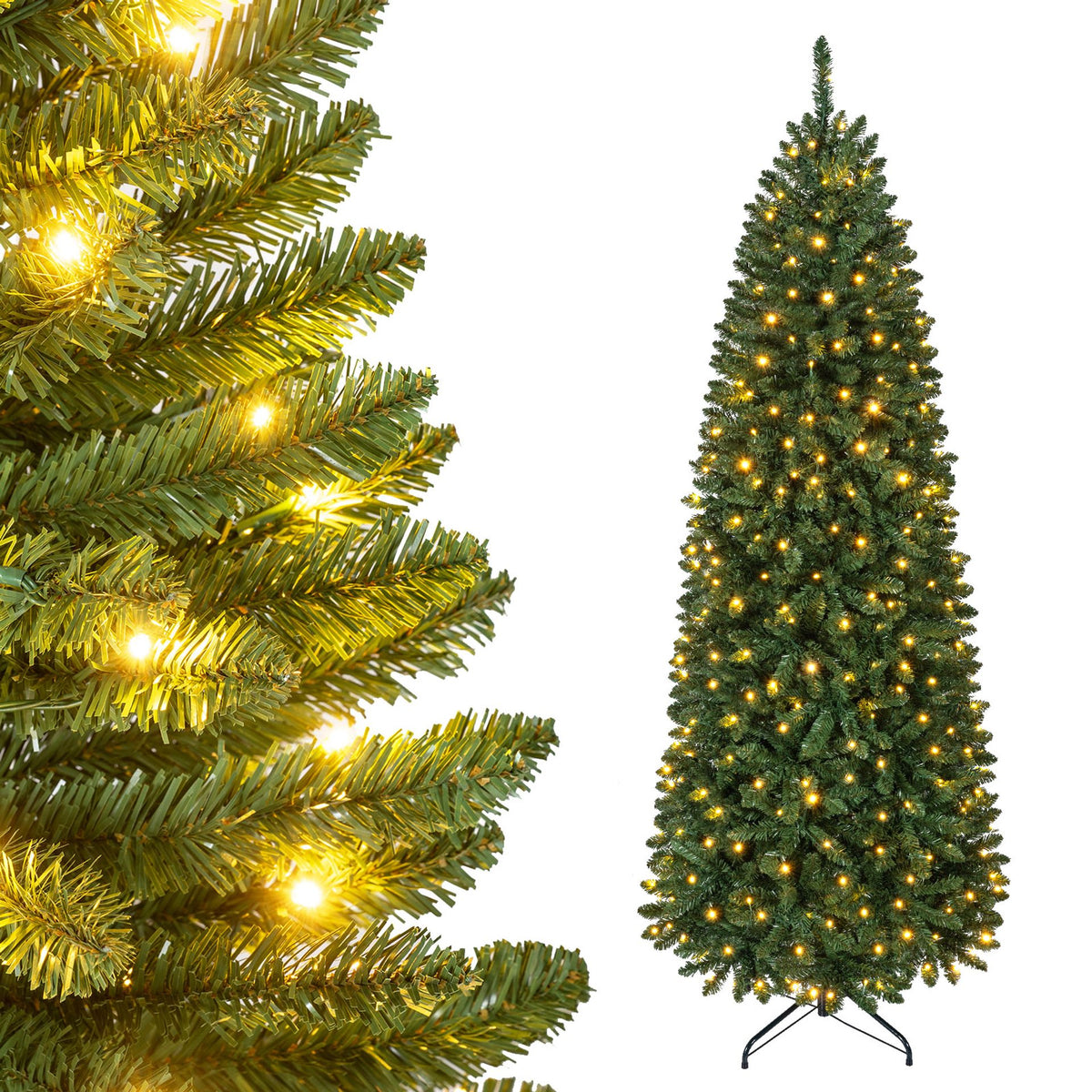 Artificial Pine Xmas Tree with Full Branch Tips LED Lights with 2 Colors Folding Metal Stand-2.1M